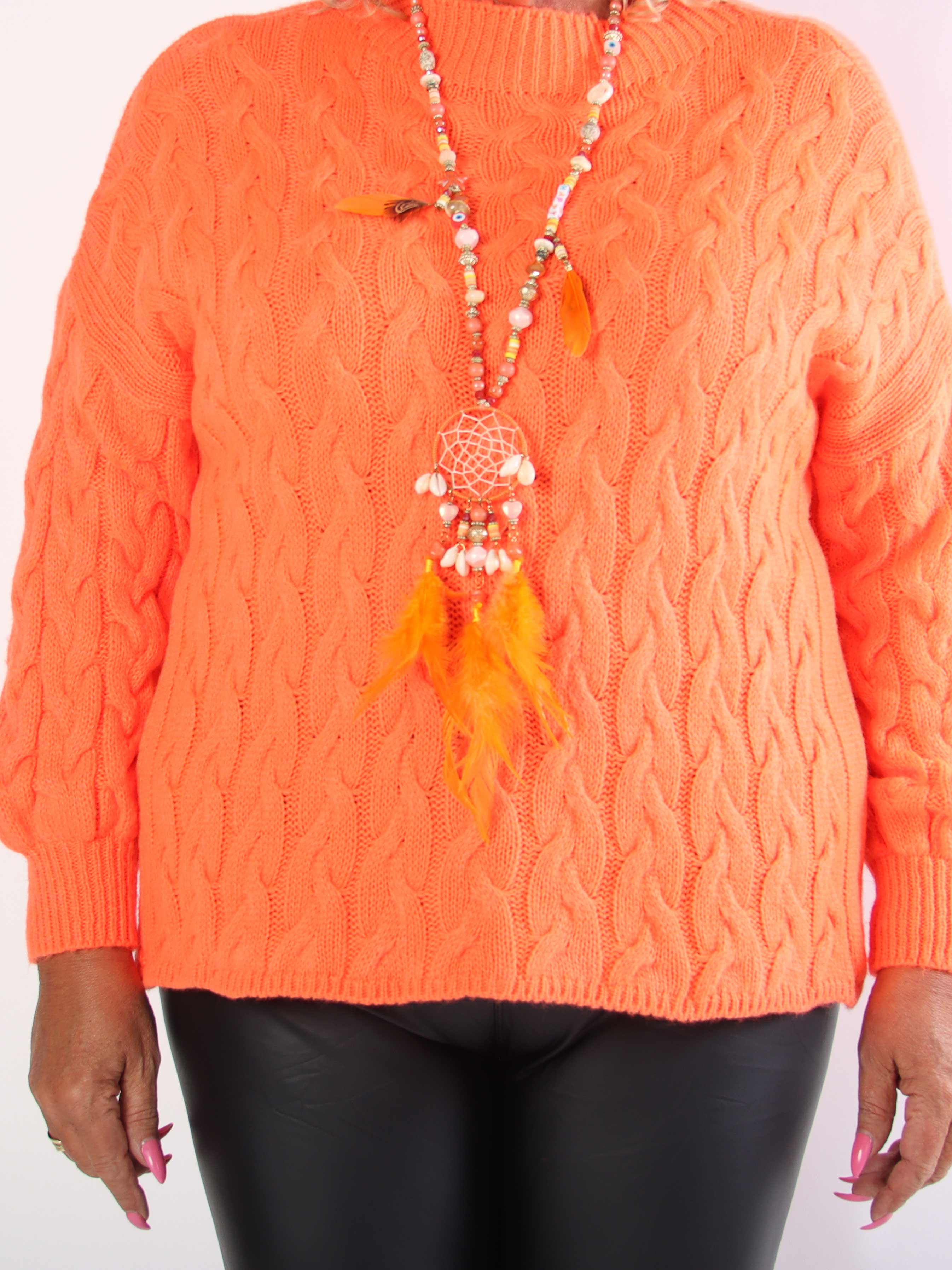 Jayda - Plus size strikbluse i kabelstrik med høj hals og lette ballonærmer